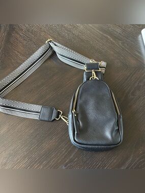 Anthropologie Black Vegan Leather Crossbody Sling Bag with Striped Strap